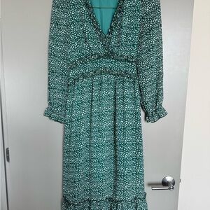 Green Long Sleeve Leopard Print Midi Dress with Ruffles